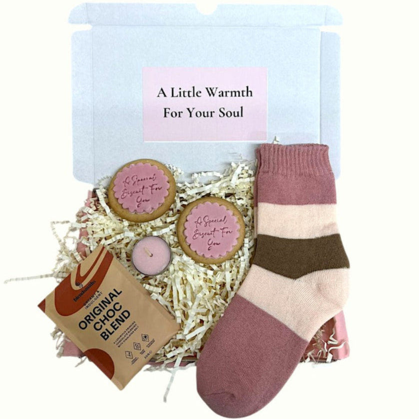 Mini Secret Santa Christmas gift box with personalised cookies, hot chocolate, and cosy socks, perfect pamper gift for her