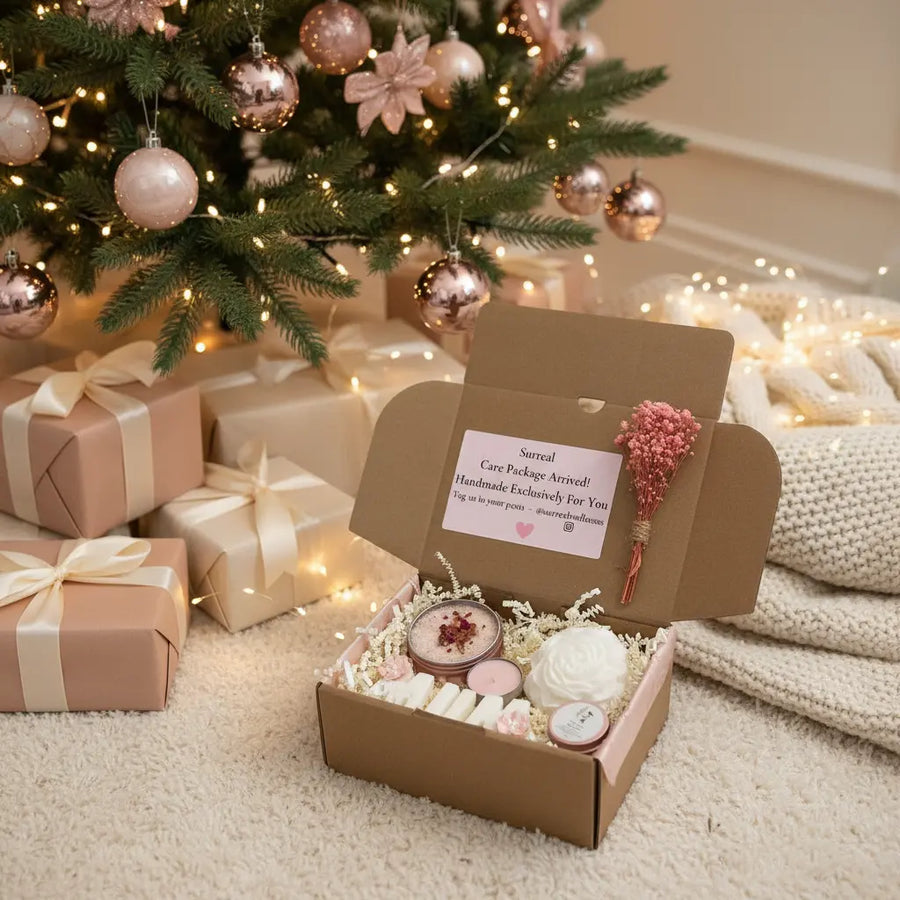 Christmas Box of care package skincare gifts for a special mum, mum to be gifts with calming candles, and indulgent skincare