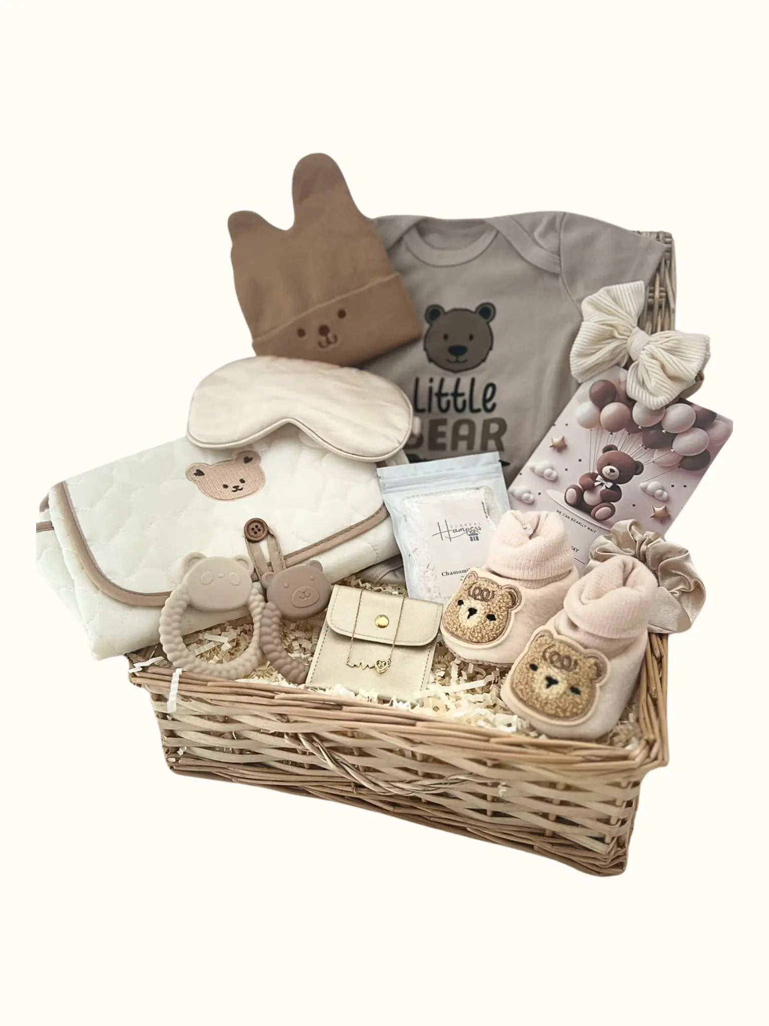Mama and Baby Bear - Ready Made Hamper with necklace, teethers, card, hat, baby vest, bath salts, booties, hair tie for baby. new mum and baby gifts, new born baby gift, baby shower gifts