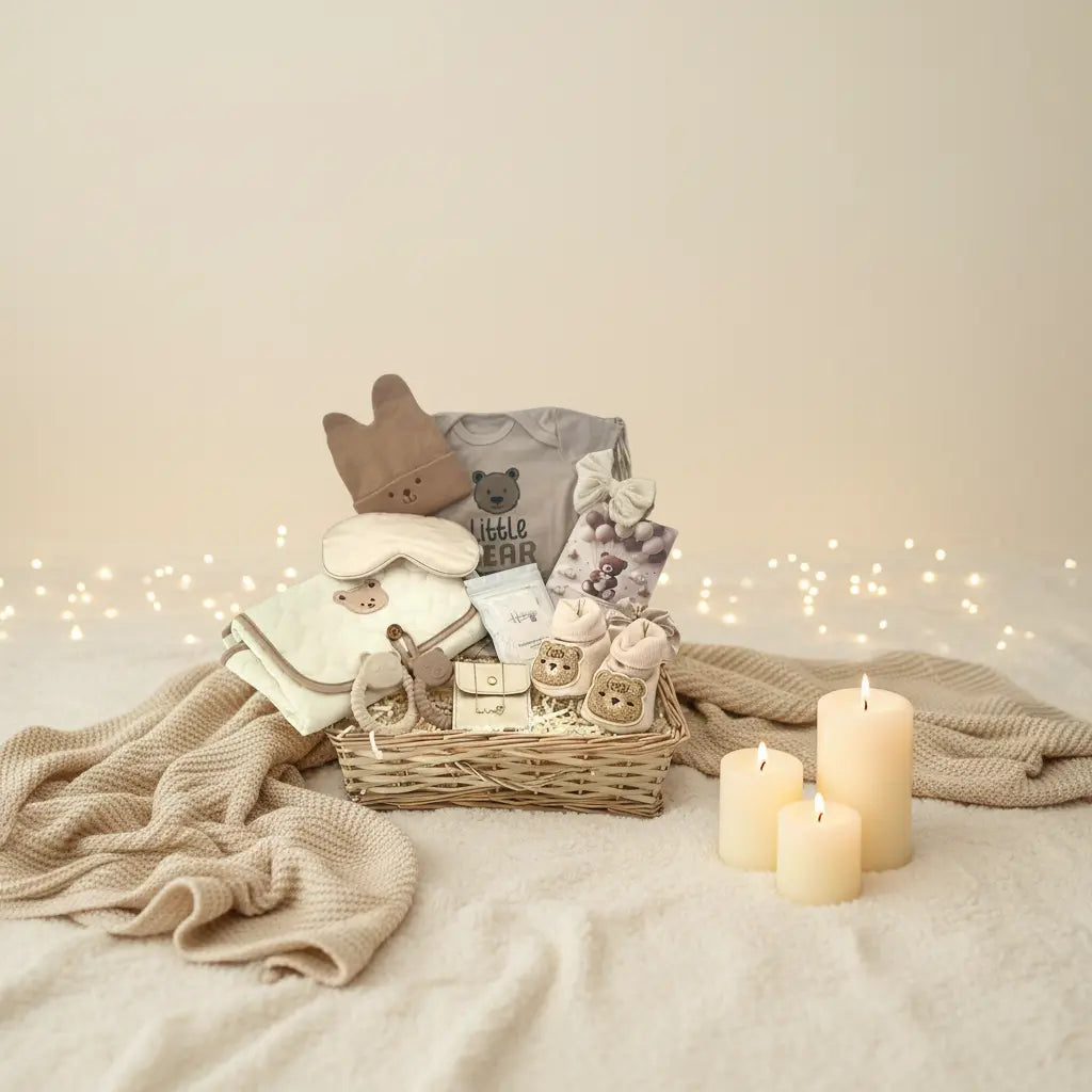 Baby gift basket with teddy bear-themed items on a soft surface with candles and lights. new mum and baby gifts, new born baby gift, baby shower gifts