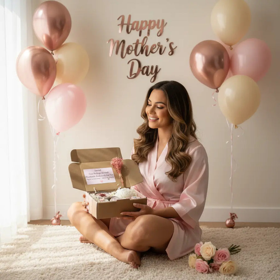 Self-care gift box for new mothers with spa products, chocolates, and pampering items