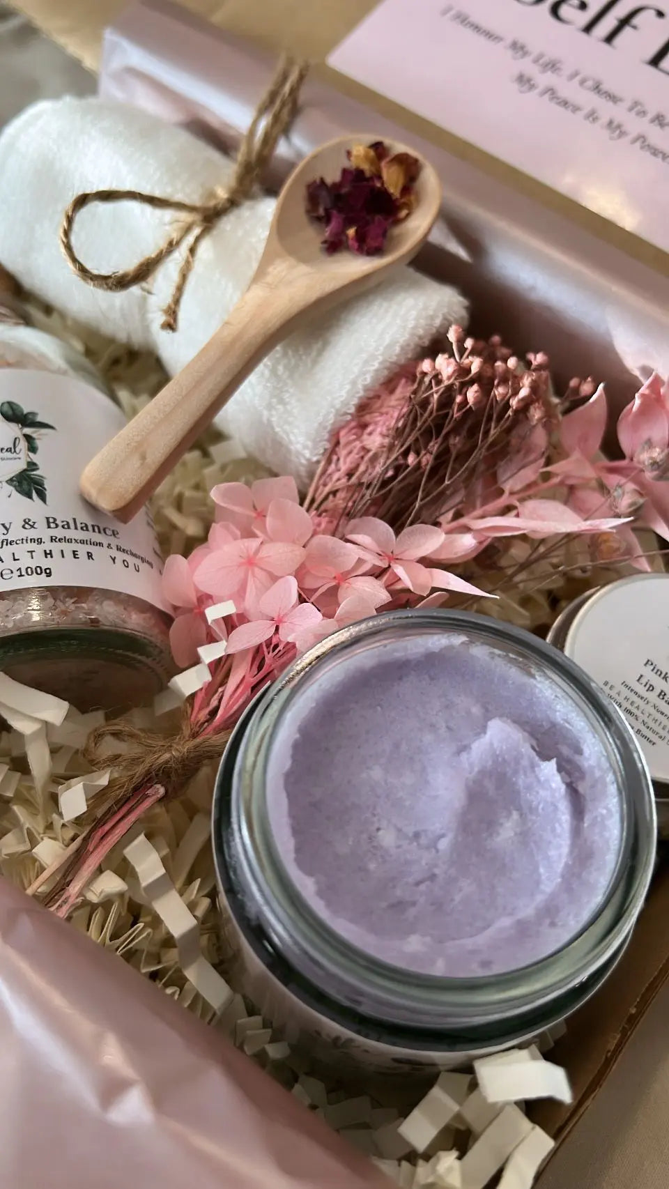 Self Love Gift Box – pamper hamper with bath salts, sugar scrub, and lip balm, perfect for birthdays, Christmas, and thoughtful gifts for her.