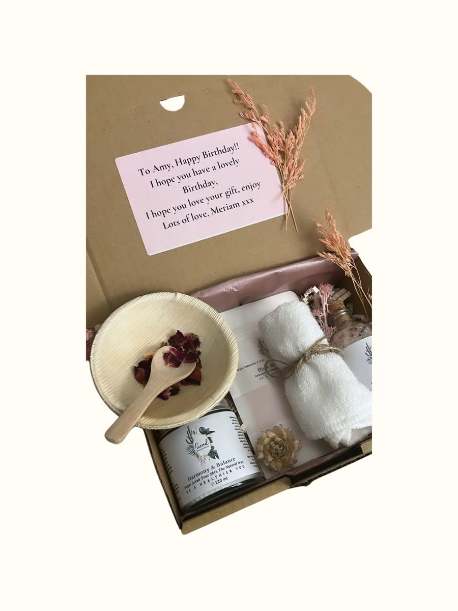 Gift set with towel, bowl, and bottle in a box with a personalized card. gift box with bath salts, pink clay mask, sugar scrubs