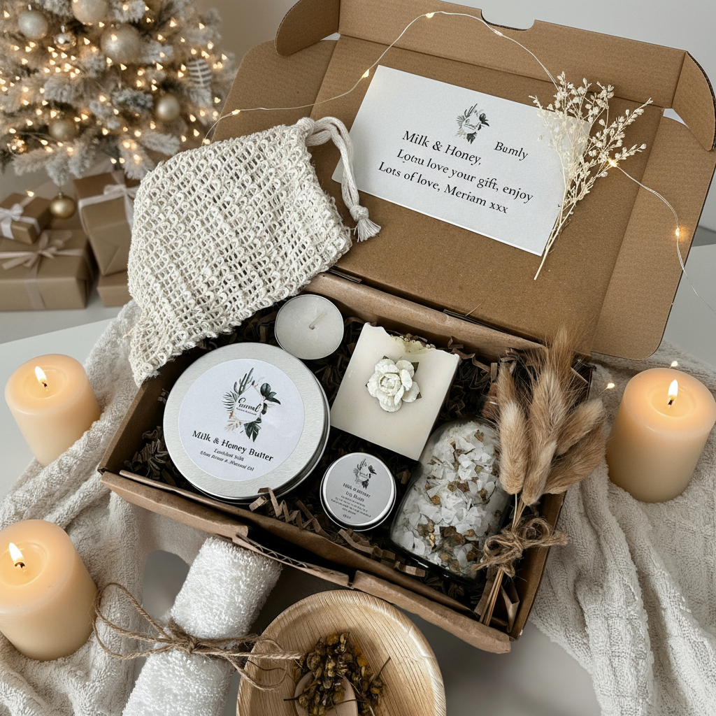 Handmade natural spa gift set with soap, lip balm, and body butter – perfect thoughtful gift for women.