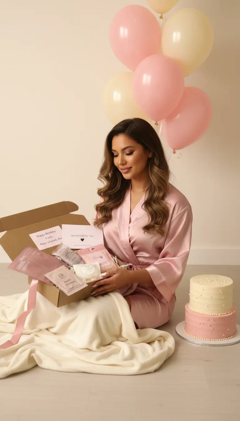 Woman in a pink robe opening a gift box with balloons and a cake in the background Birthday Pamper Box with bath salts, wax melts, biscuits, face mask -