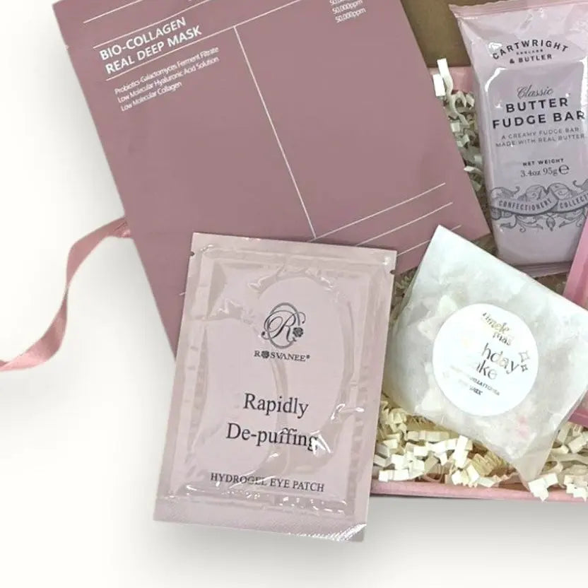 Birthday Pamper Box - Birthday Pamper Box with bath salts, wax melts, biscuits, face mask - Surreal Hampers UK