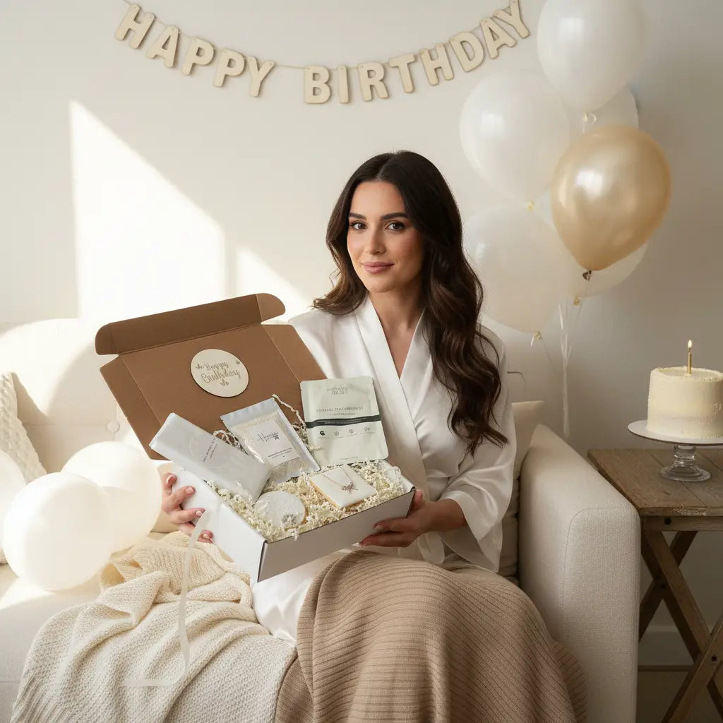 Woman in a white robe holding a gift box with 'Pamper Gift Boxes with necklace biscuit, clay mask soak Happy Birthday' decorations in the background.