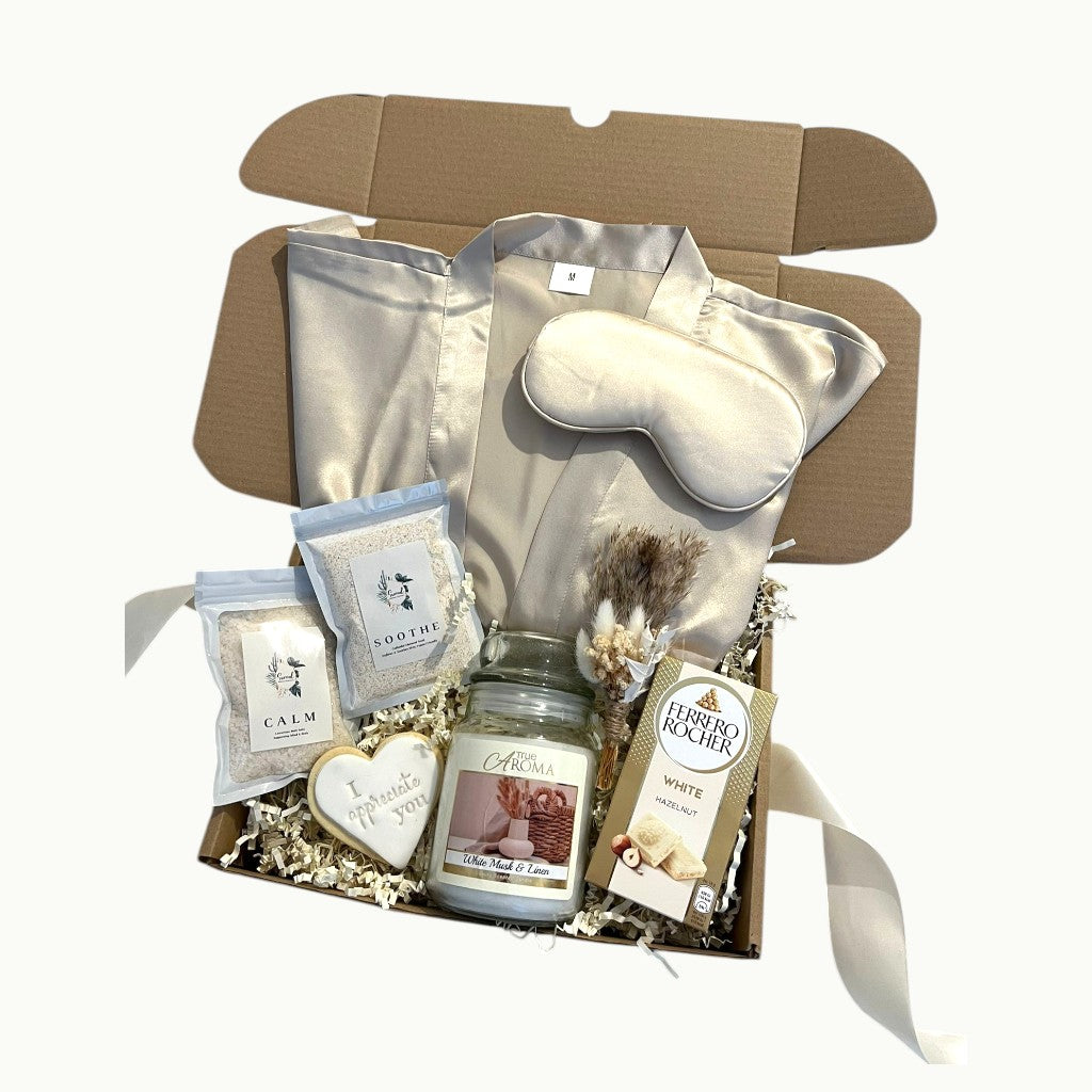 Self care gift box UK with satin robe, bath salts, candle and personalised cookie, perfect pamper hamper for her