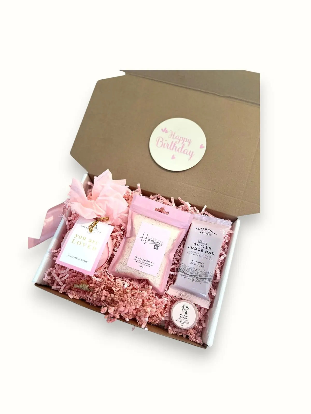 Luxury Personalised birthday gift box with Best Birthday Box branding, bath products, and indulgent treats