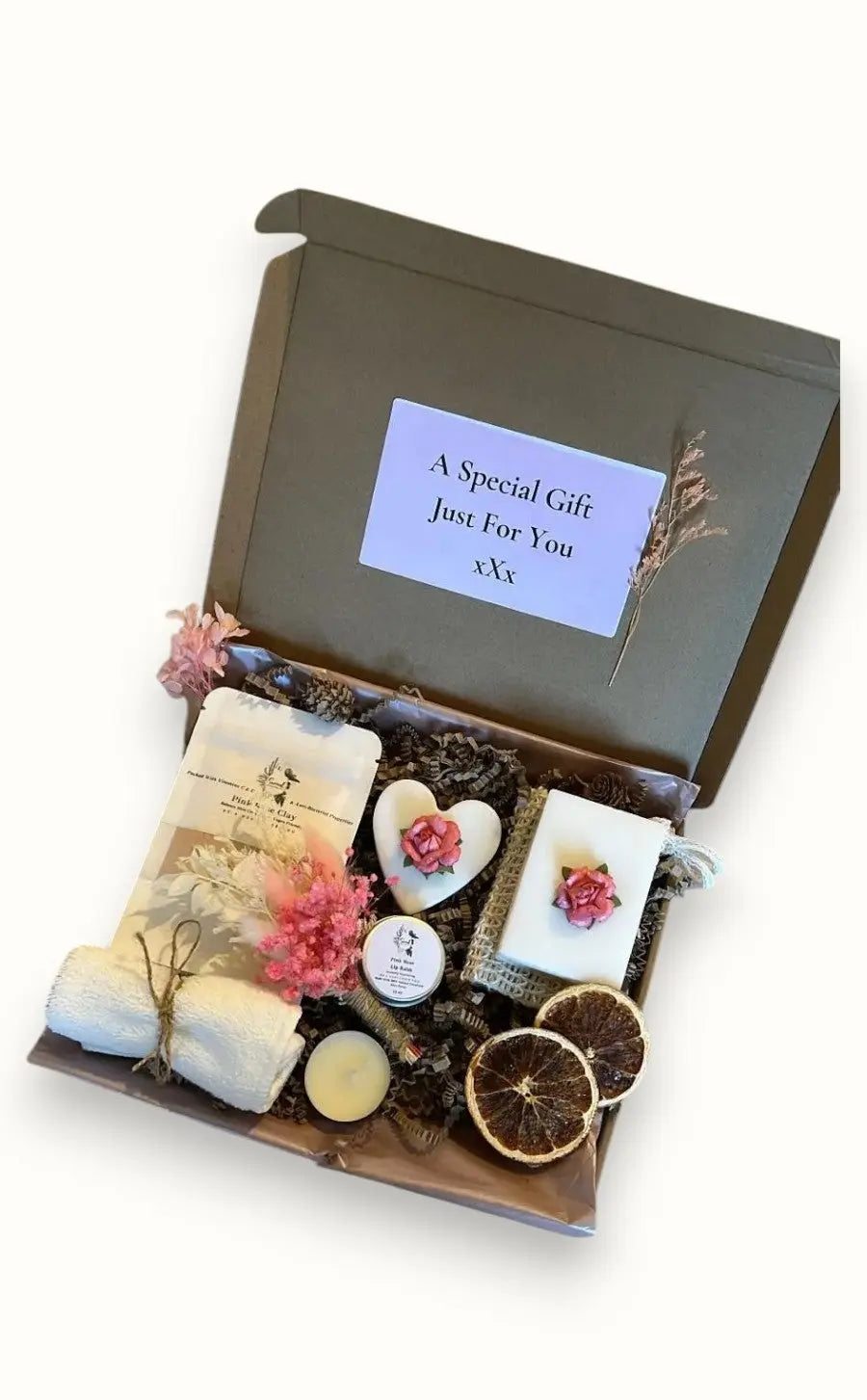 Festive gift box ideas personalised skincare gift box for her with handmade natural skincare pampering products Surreal Hampers UK