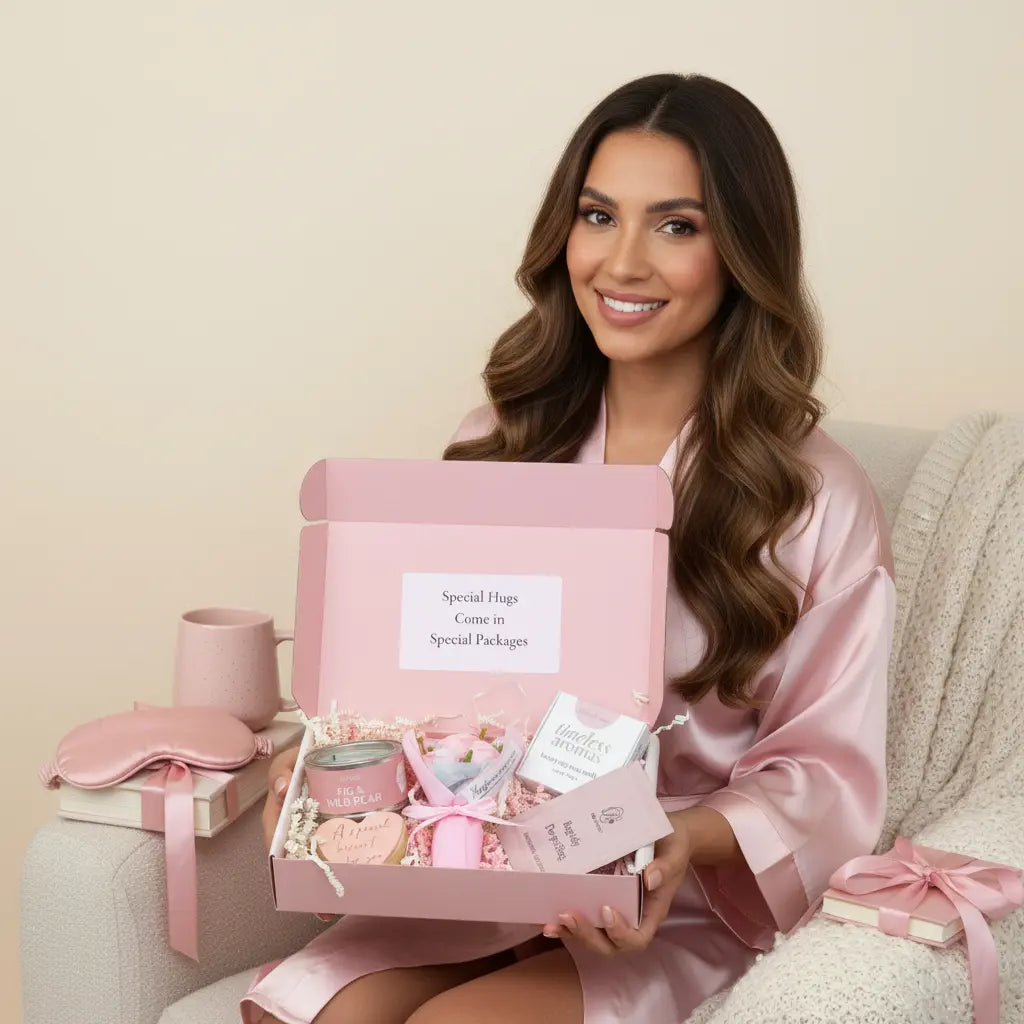 Woman in a pink robe holding a gift box with various items Pink special hugs gift box beige background. Candles, biscuit, mini dried flowers and wax melts Cheer me up gifts for her