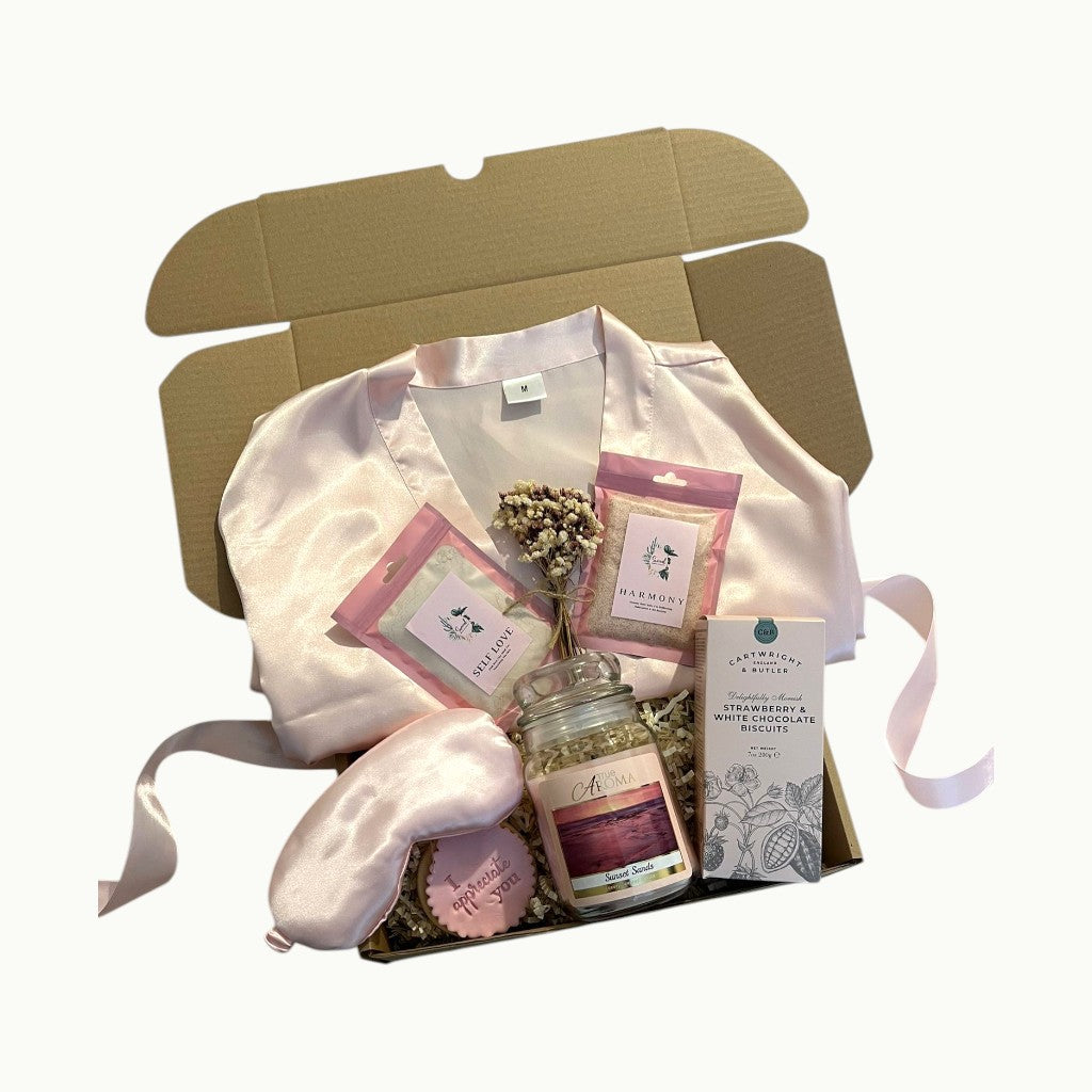 Pamper hamper gift for her with satin robe, bath salts, candle and personalised cookie