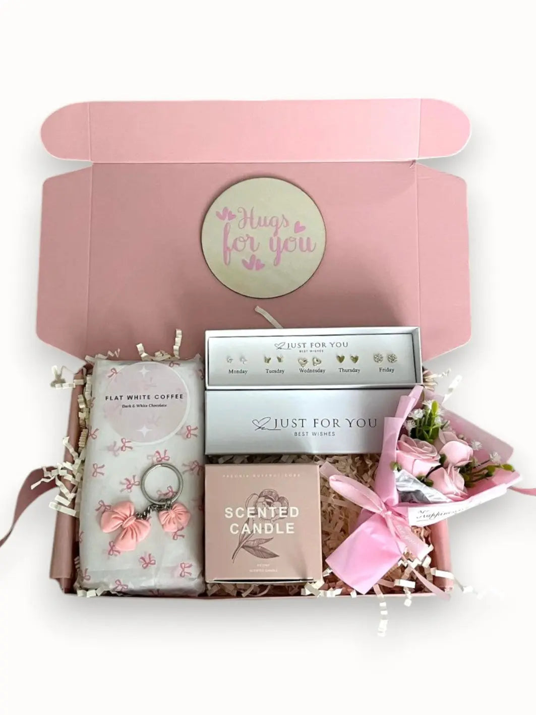 Sending hugs and comfort Gift set with scented candle, earrings and mini flower and bar of chocolate in a pink box 