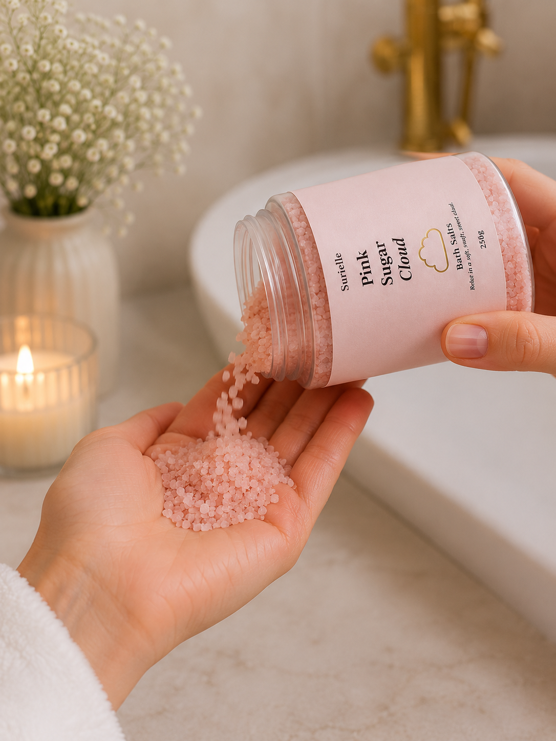 Luxury cotton candy bath salts for self care hamper gifts and soothing bath rituals