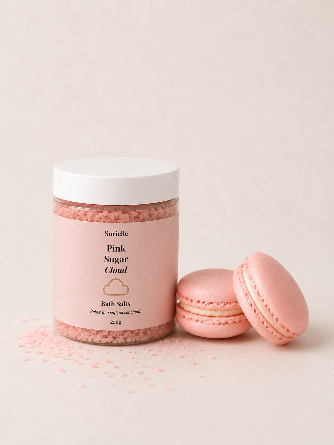 Sweet cotton candy scented bath salts designed for calming bath routines