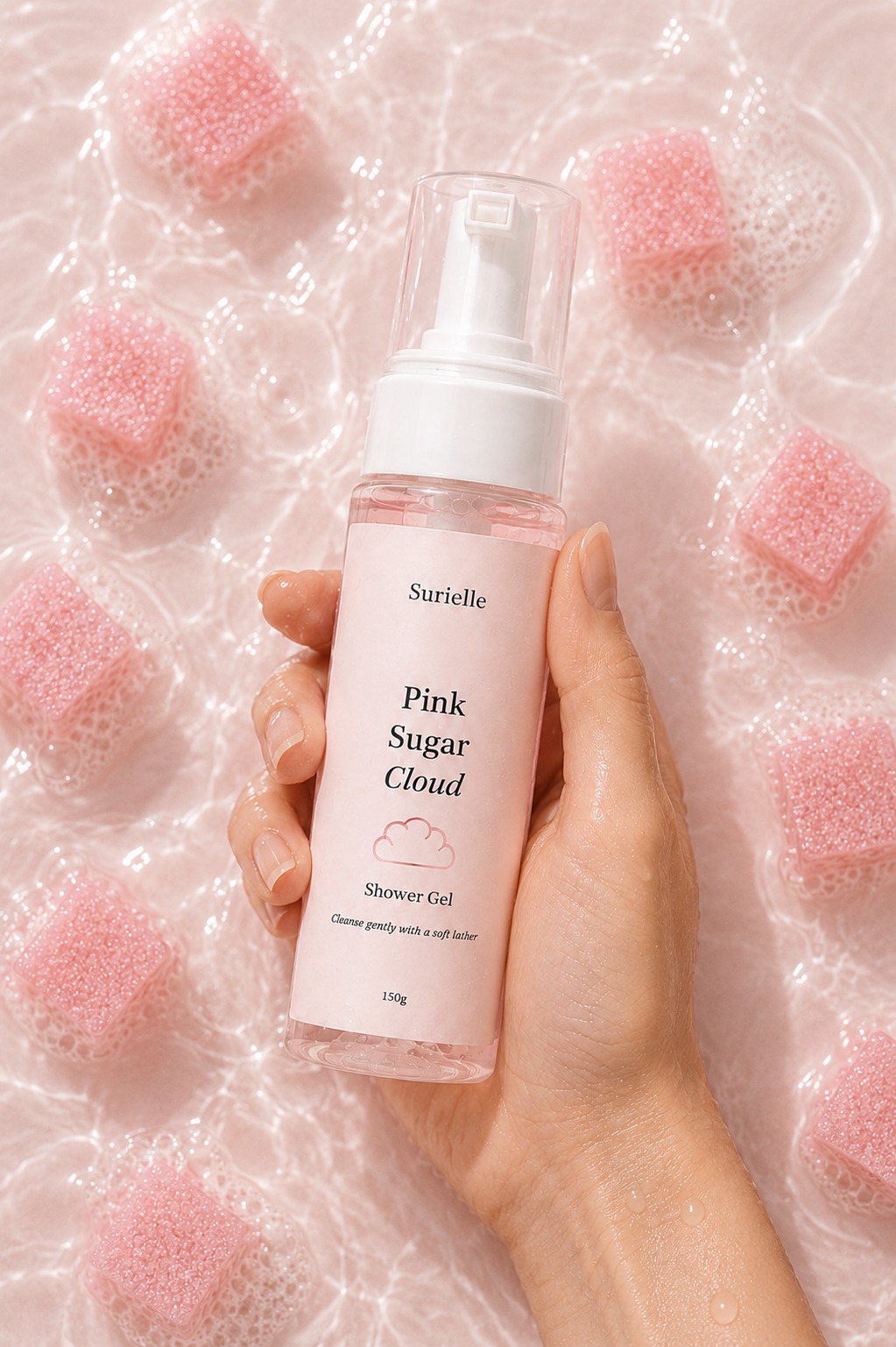 Hand holding a bottle of 'Pink Sugar Cloud' shower gel with pink sugar cubes in the background.