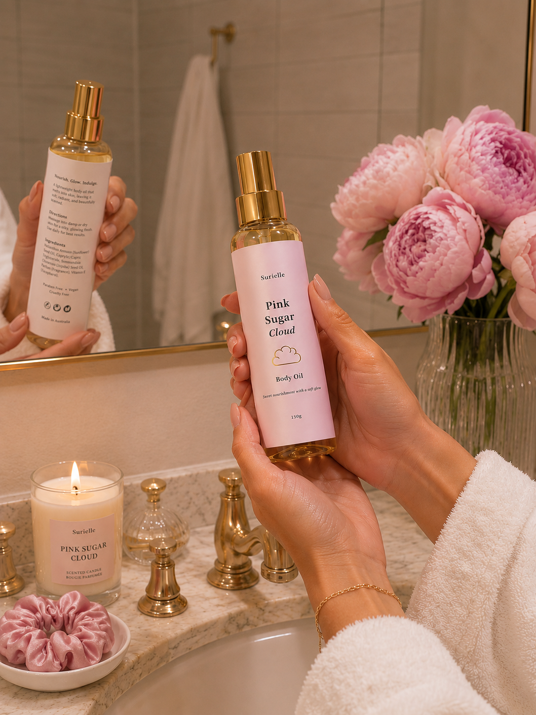Luxury pink body oil UK for pamper hamper gifts and relaxing self care routines