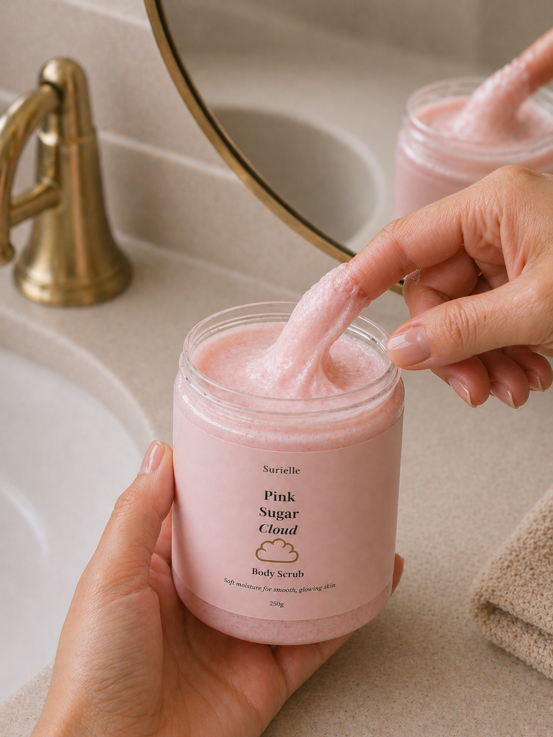 Creamy pink sugar scrub used to remove dead skin and leave skin silky smooth