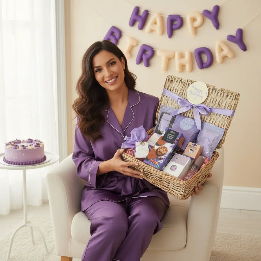Happy Birthday'Purple hamper gift basket filled with pampering skincare items and delicious food gifts