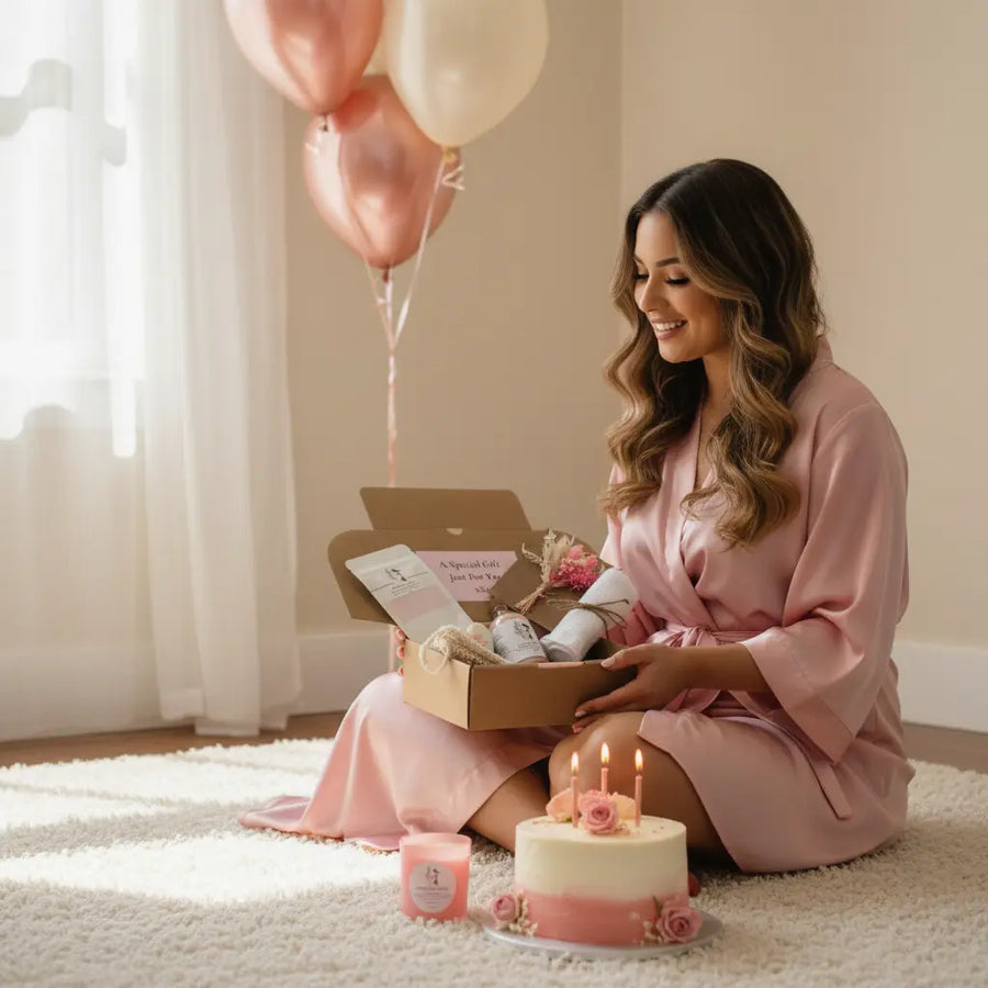 Natural luxury skincare gift box with bath salts, pink rose clay mask, and handmade self-care item