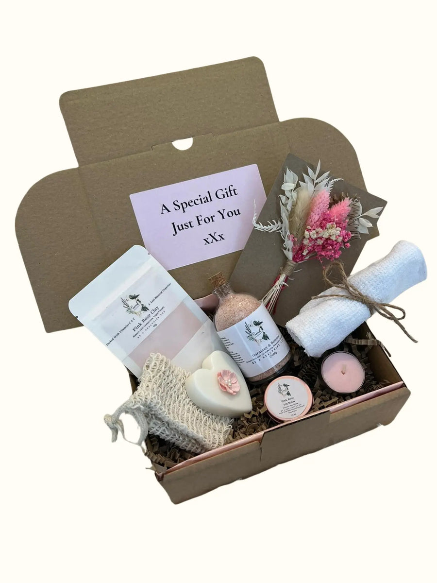 Handmade skincare gift Box with tealight candle, clay mask, soap and rose lip balm