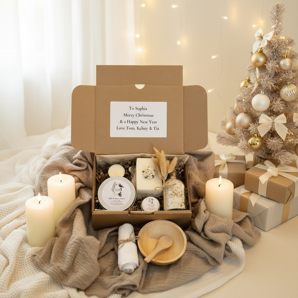 Beautifully presented self-care gift hamper with handmade skincare, candle, and cosy packaging.