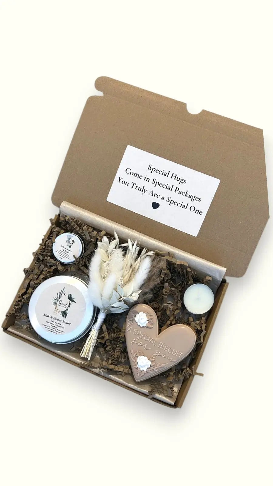 Small letterbox care package with sweet cookie and cream gift, mini dried flower, and fast next day UK delivery