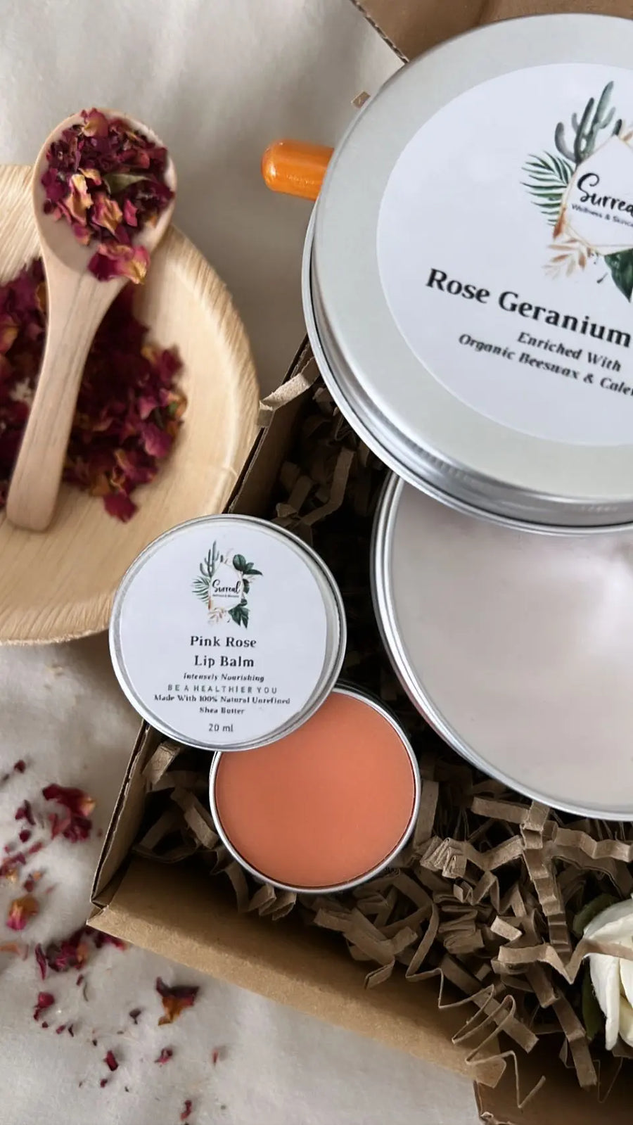 Spa-inspired natural skincare gift box with bath salts, rose clay mask, and relaxing self-care treats