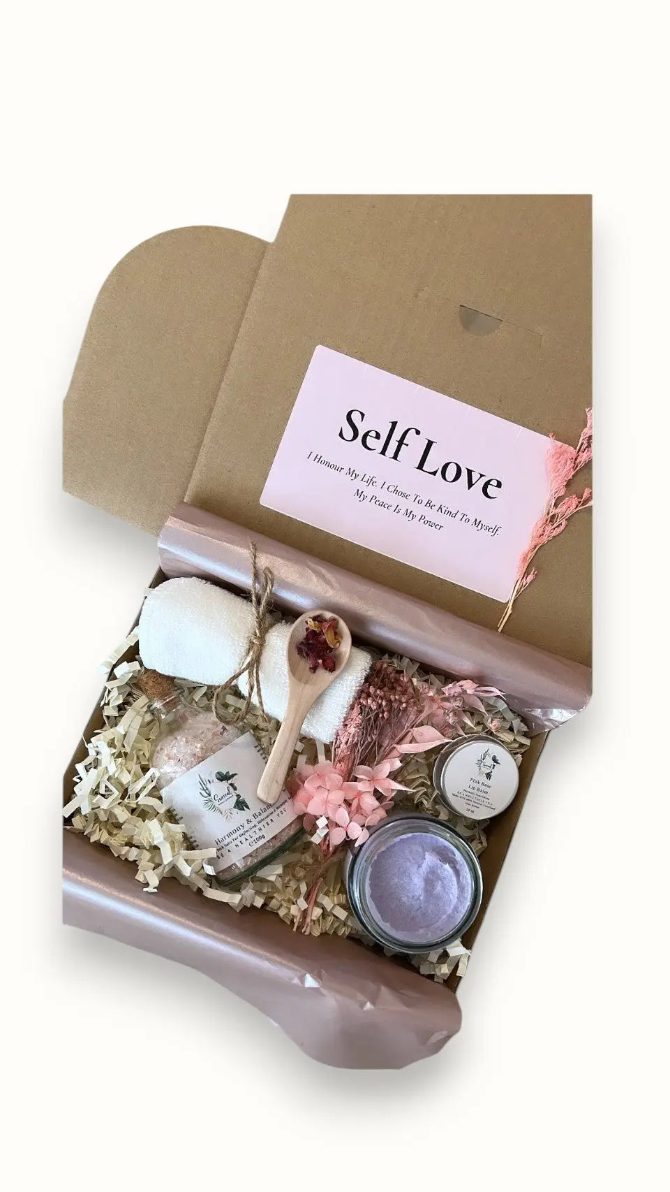 Spa-inspired self love gift box – includes bath salts, sugar scrub, and lip balm, perfect for festive gifting or pampering her on special occasions