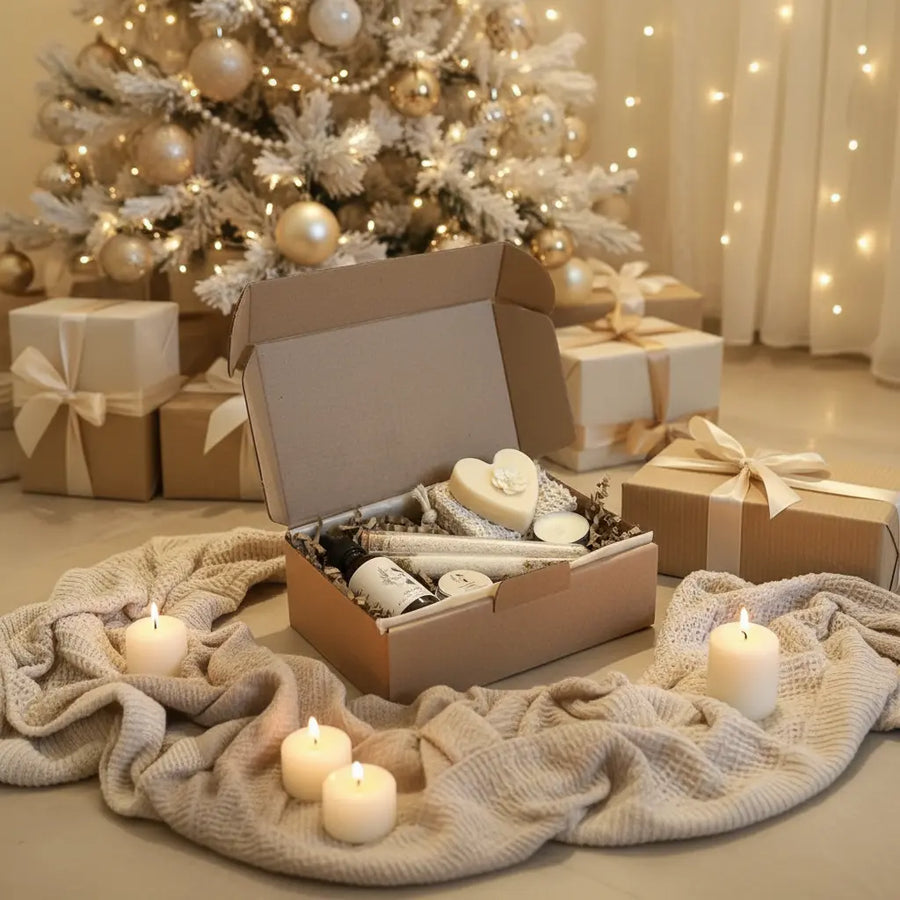 Christmas gift box with natural skincare, handmade soap, and festive pamper treats Surreal Hamper UK