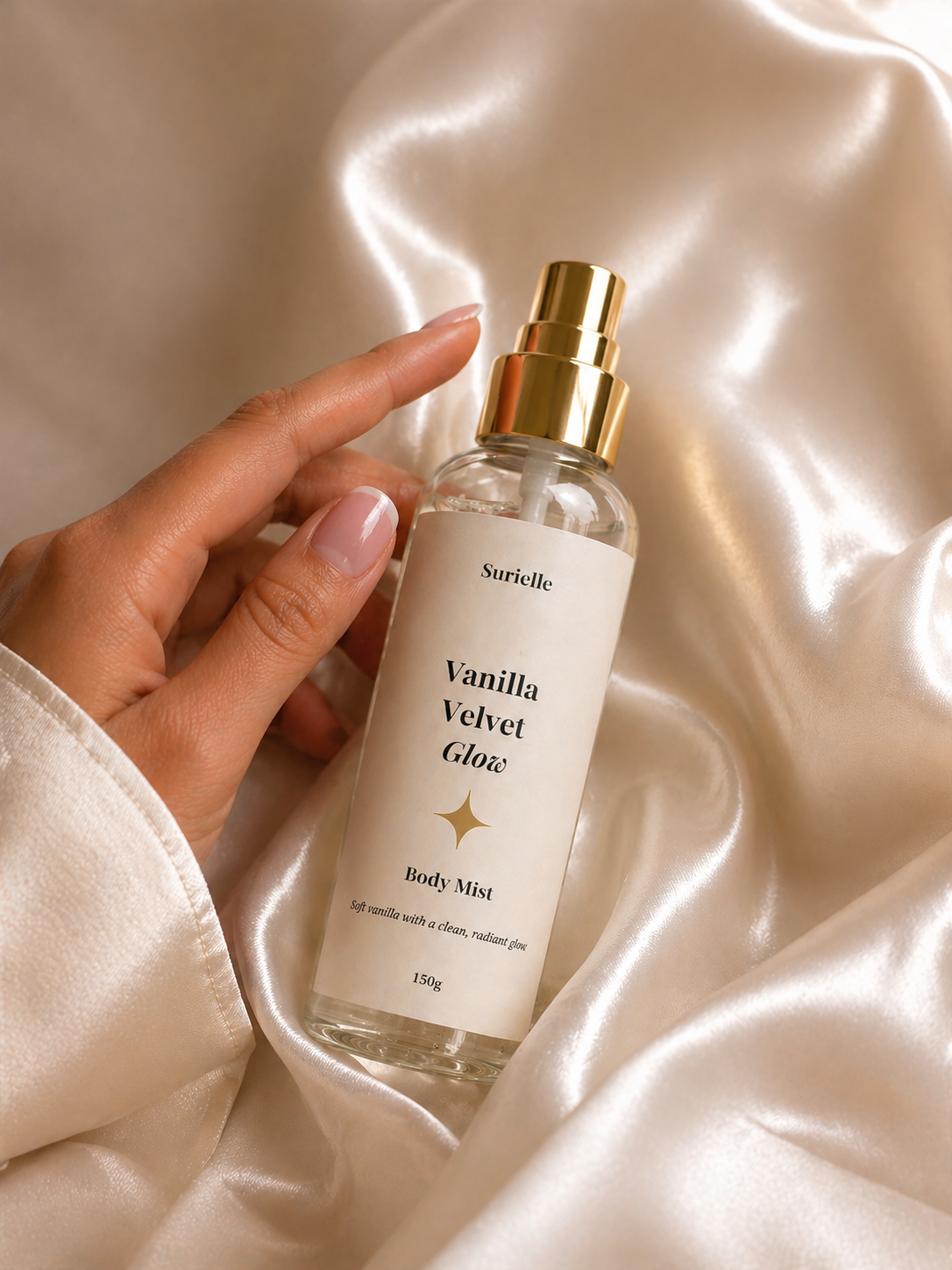 Hydrating body mist with warm vanilla scent for a smooth and glowing finish