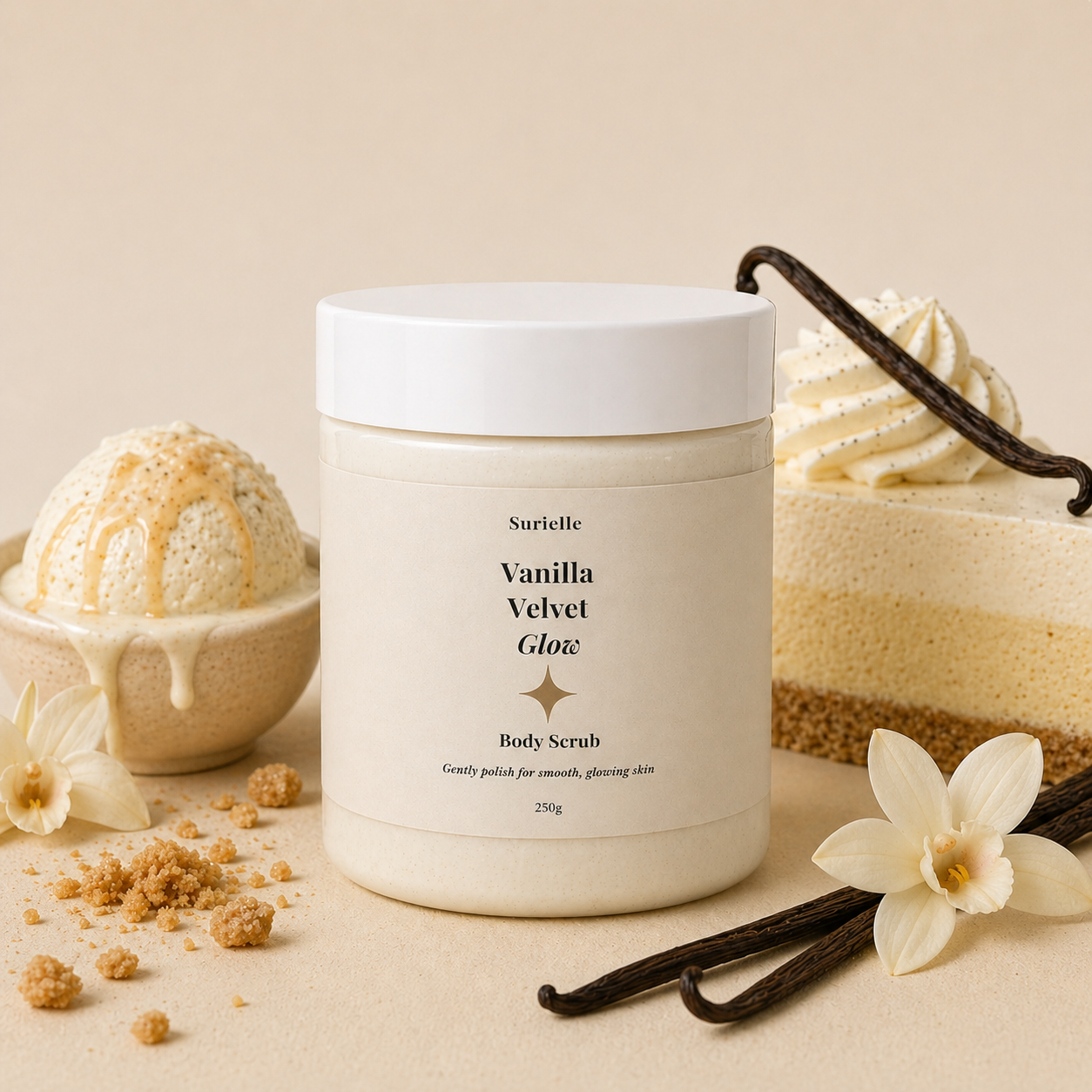 Vanilla-themed body scrub with vanilla beans and flowers on a beige background