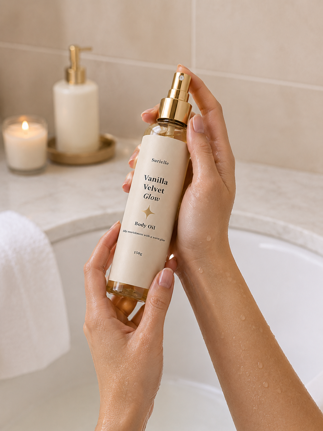 Vanilla body oil for pamper hampers and self care gifts, designed for silky smooth glowing skin
