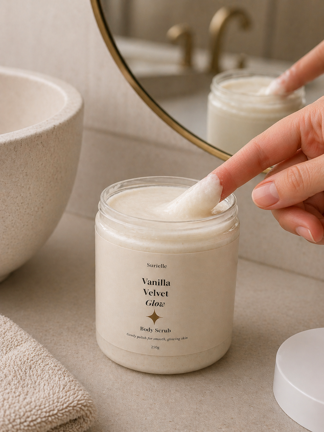 Person applying Vanilla Velvet Glow body scrub to their hand in a bathroom setting.