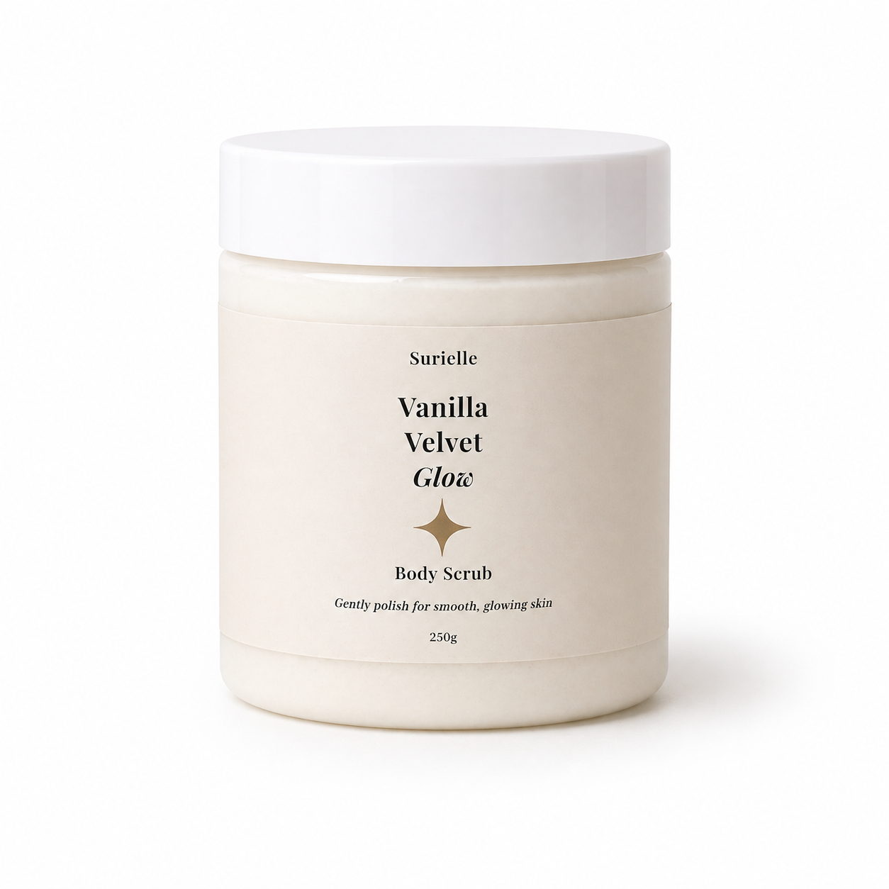 Jar of Vanilla Velvet Glow body scrub with white lid on a light beige background