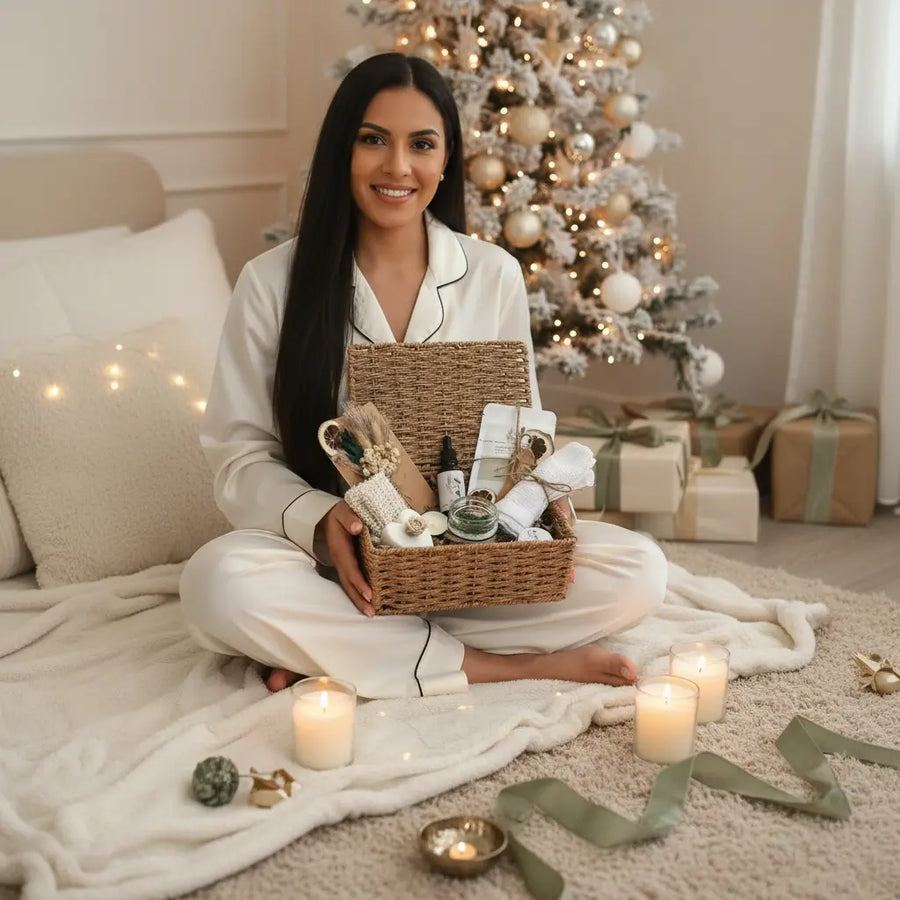 Woman holding a gift basket in a cozy living room with a Christmas tree and presents. Wellness Hamper UK, Pamper Hamper UK, Curated gift boxes