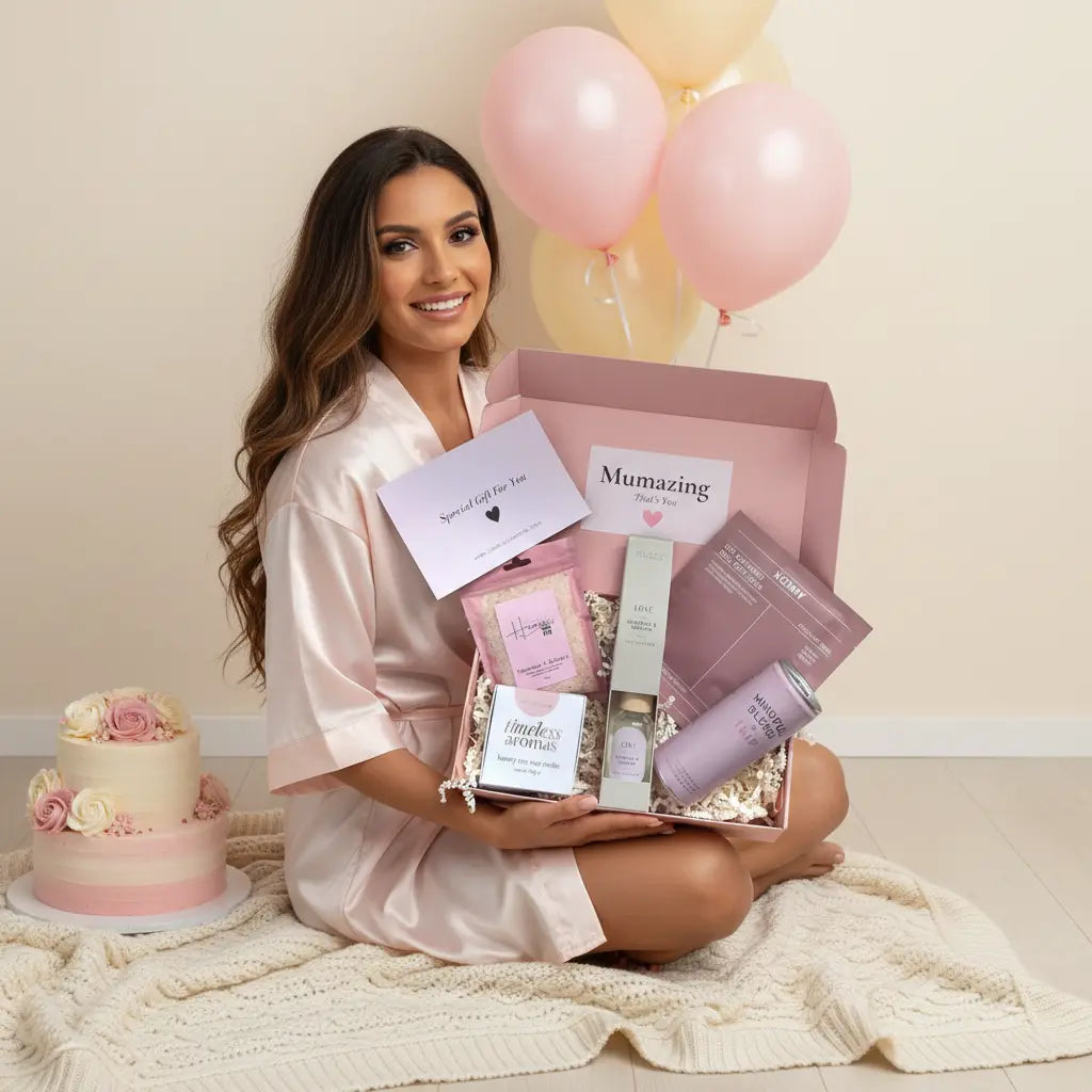 Woman in a pink robe holding a gift basket with balloons and a cake in the background.