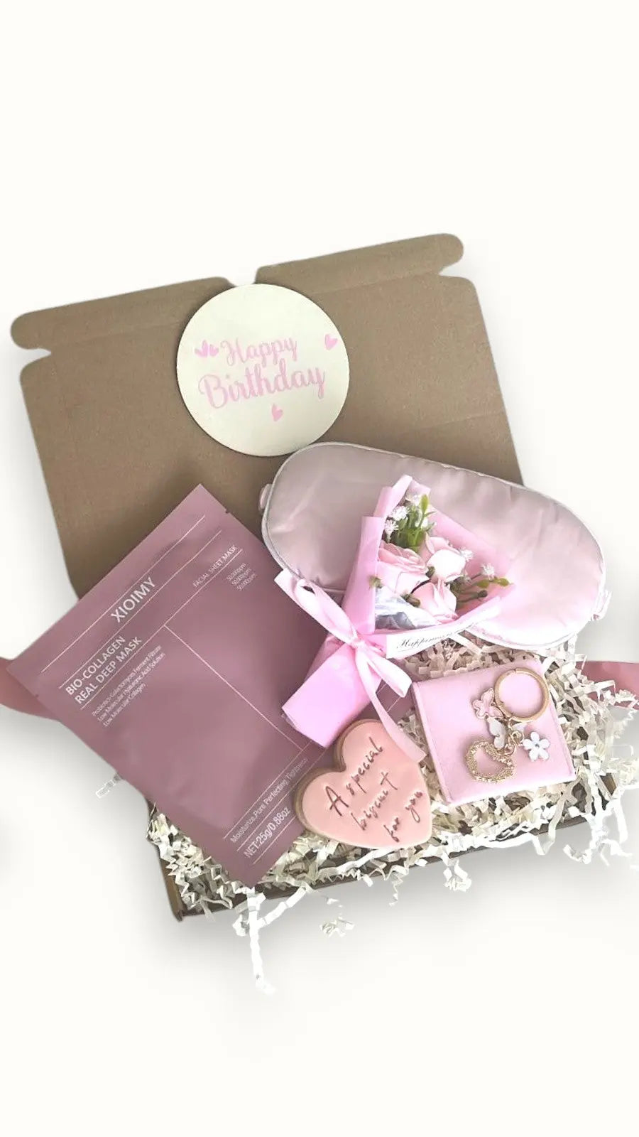 Birthday gift letter box for women with cookies, sleep mask, keyring, and self-care items