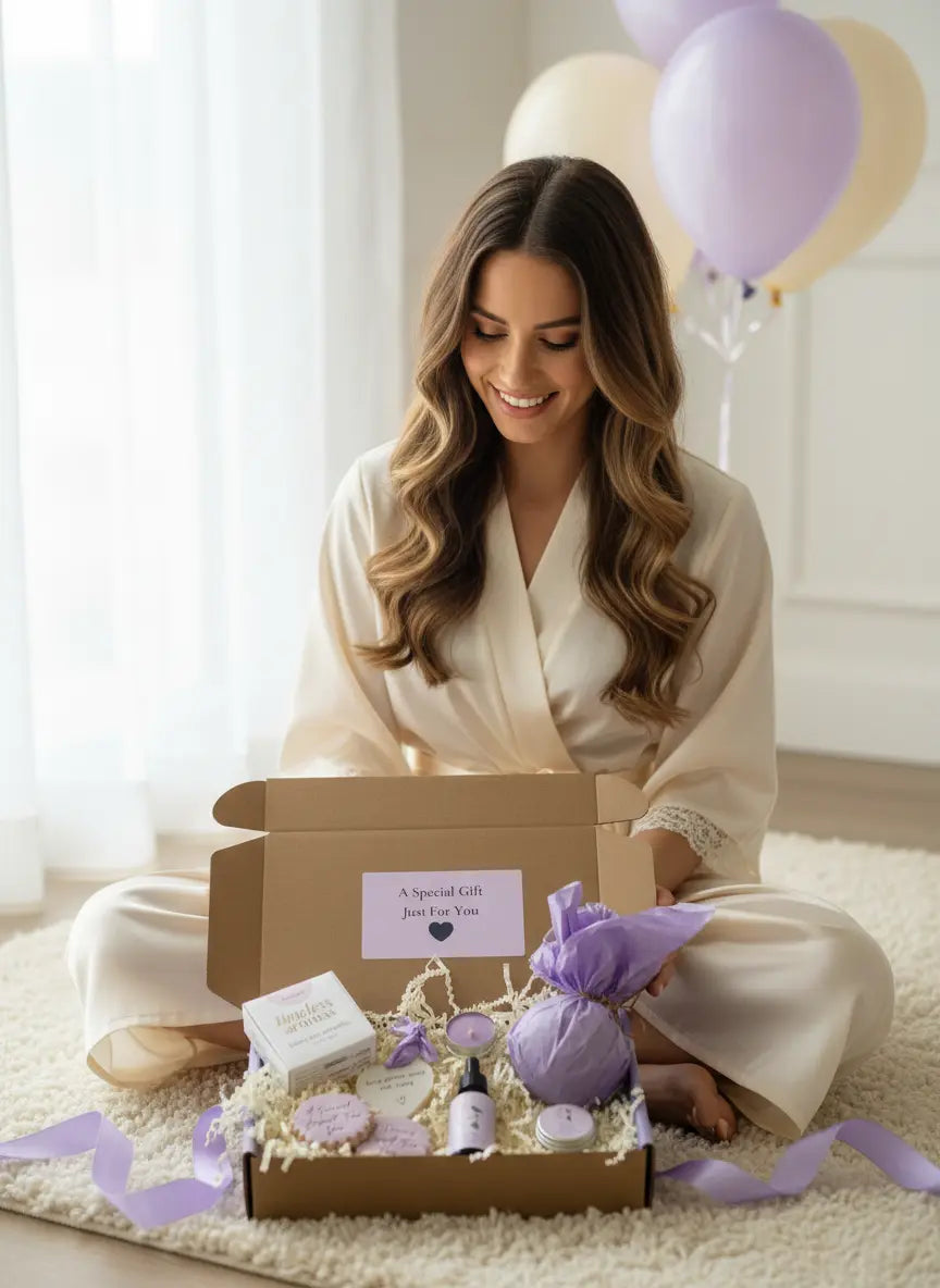 Hug in a Box gift with oil, bath bomb, wax melt, candle, and cookie