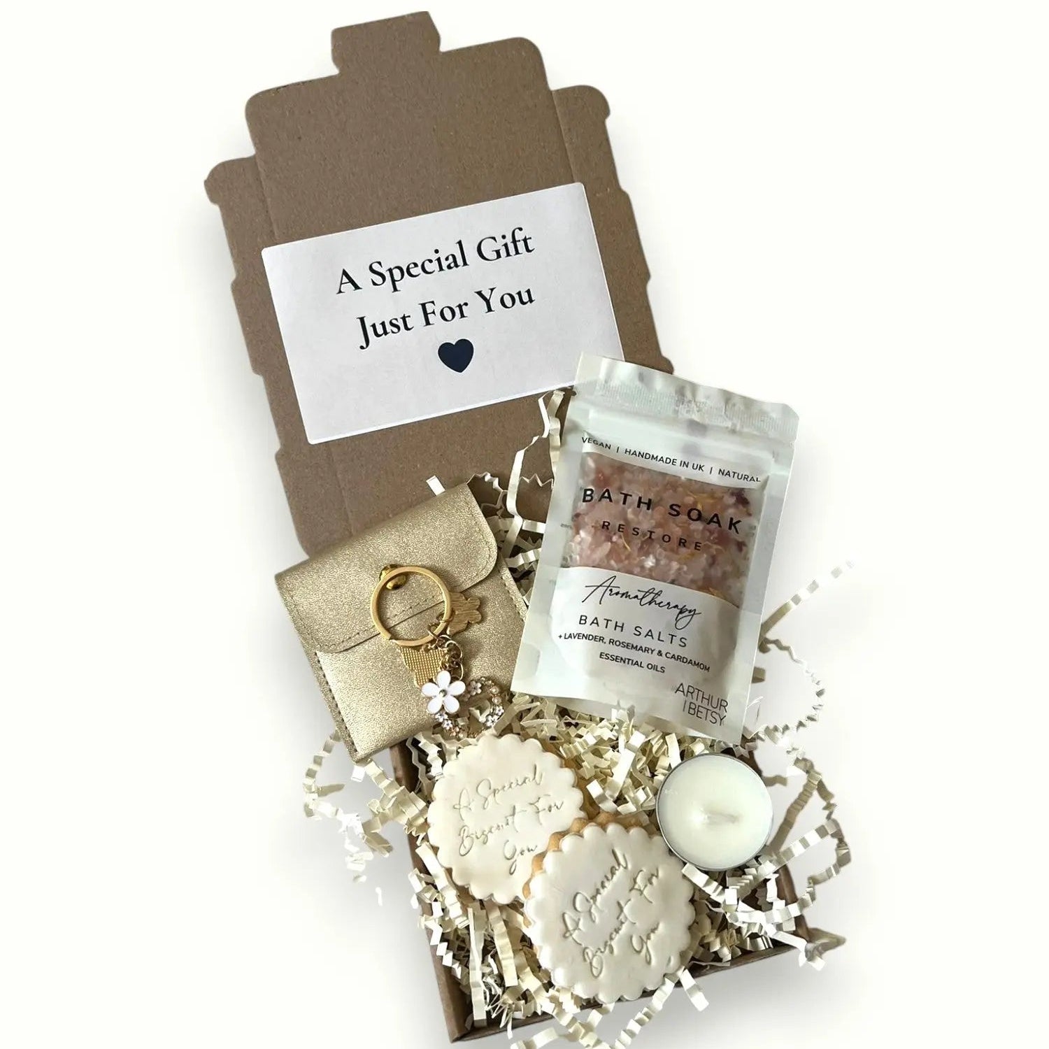 Gift box with bath salts, cookies, and a mini keyring – pamper hamper for her