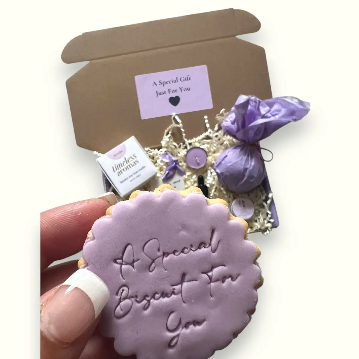 Special gifts for you hamper including bath bomb, oil, wax melt, candle, and cookies