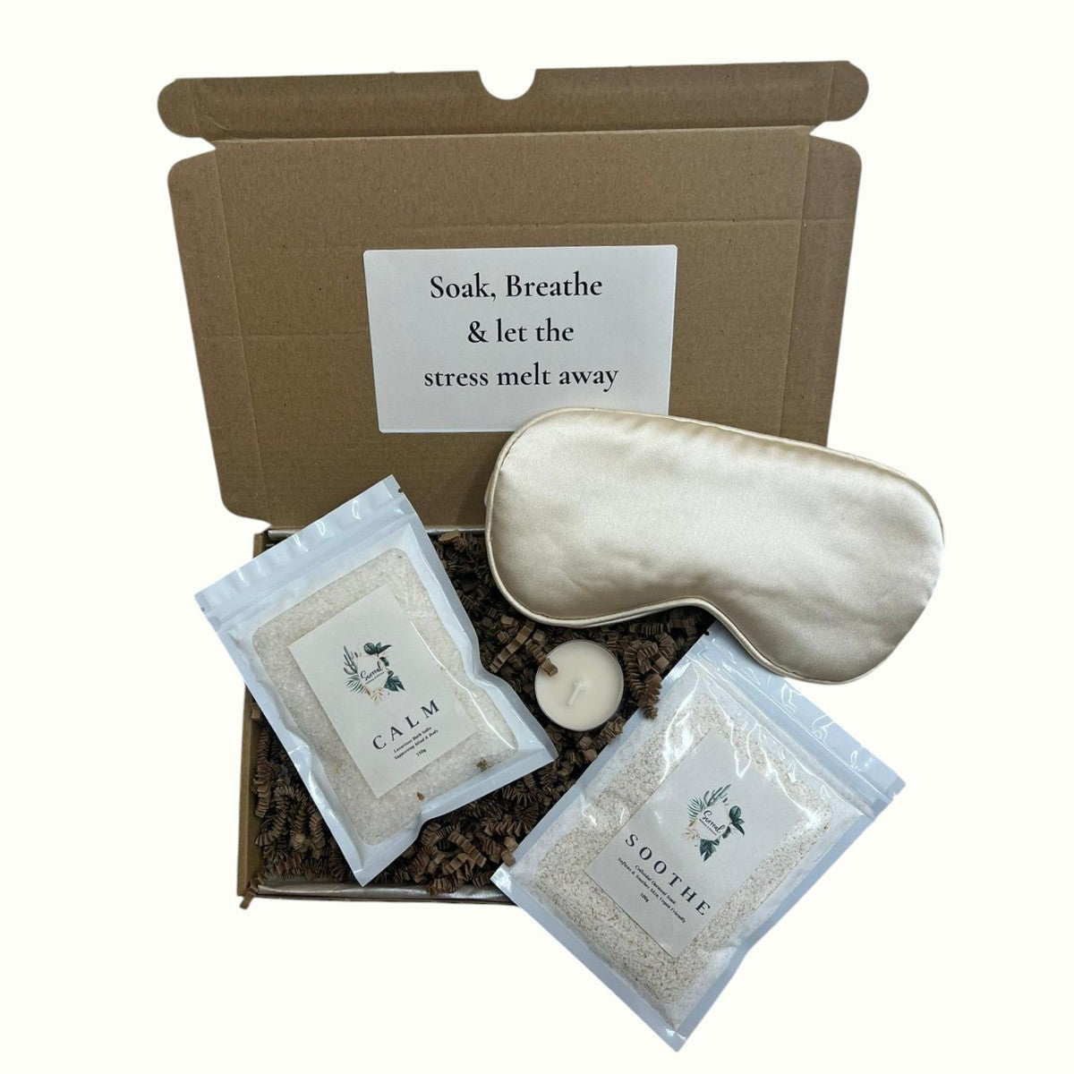 Relaxation kit gift set with eye mask, bath salts, and soaps, perfect pamper gift for her or self-care at home